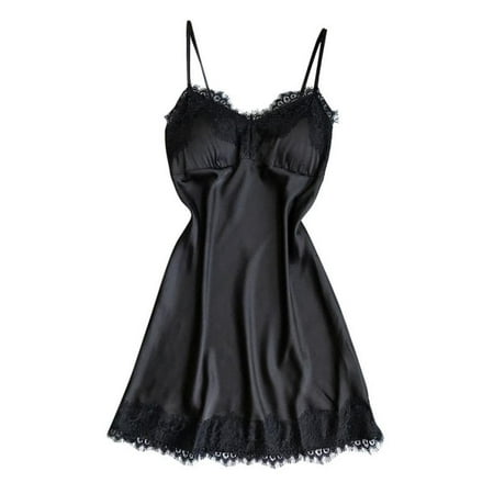 

Amazingfashion Womens Sleepwear Sexy Lace Nightdress Real Silk Thin Shoulder Strap Pajamas
