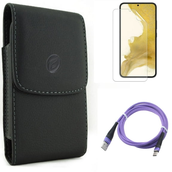 For Samsung Galaxy S21 (6.2") - Holster Leather Case Belt Clip Type-C Purple 6ft USB Cable Anti-Glare TPU Film Matte Screen Protector
