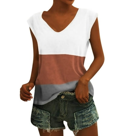

Women V-Neck Tank Tops Summer Sleeveless Blouse T-Shirt Causal Color Block Patchwork Printing Tops