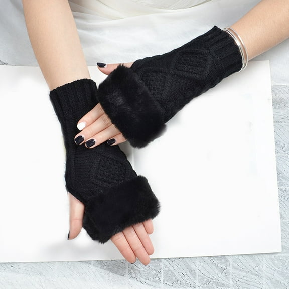 absanyy Women's Acrylic Knit Fingerless Gloves with Faux Fur Trim, Stretchy One Size Fits Most, Black - Ideal for Transitional Weather & Office Use