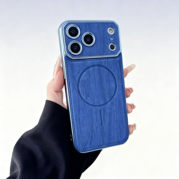 Magnetic For iPhone 15 Pro Phone Case,Wood Grain PU Leather Back Design,Compatible with Mag-Safe,Electroplated Bumper,Ultra Slim Anti-Scratch Shockproof Anti-fall Durable Phone Case,Blue