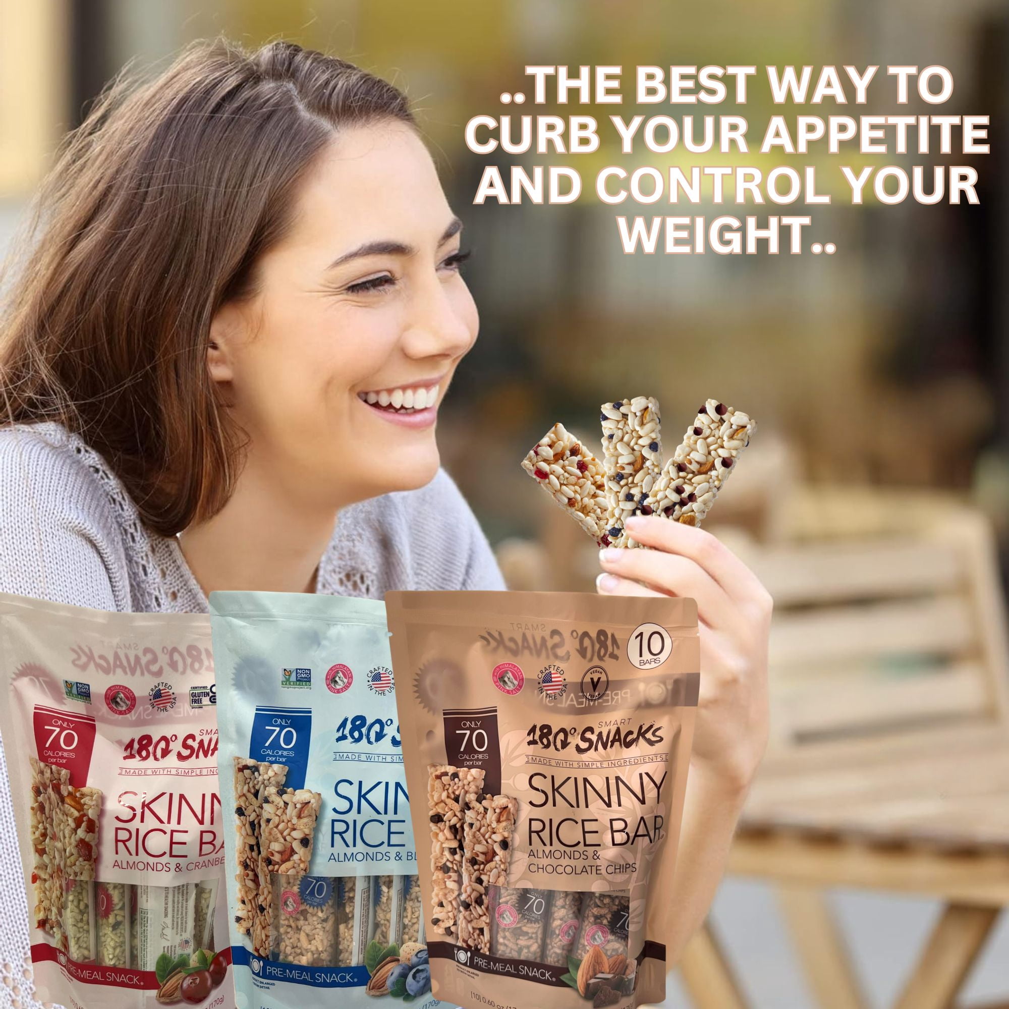 180 Snacks Skinny Rice Bar Variety Pack of 3, 30 Total Low Calorie Gluten Free Snack Bars, Almond and Cranberries Chocolate Chips Blueberries