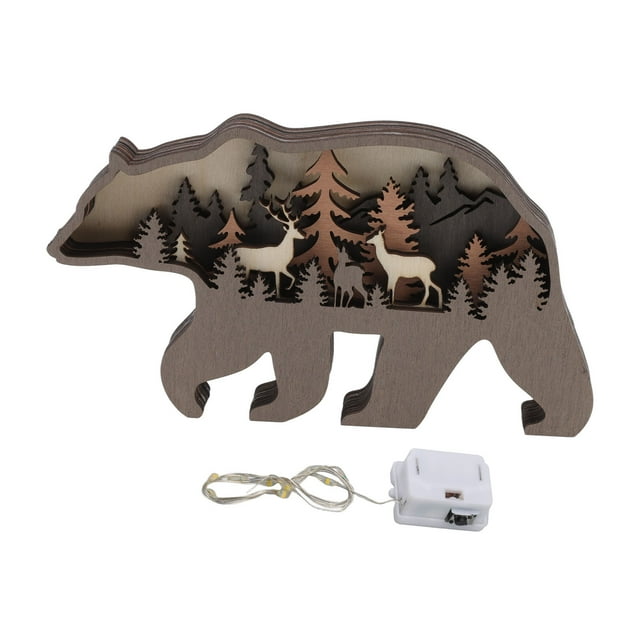 Estatua de madera de animales, tallado exquisito, detalles refinados, artesanías de madera de animales con cadena de luces para regalos, decoración del hogar, oso