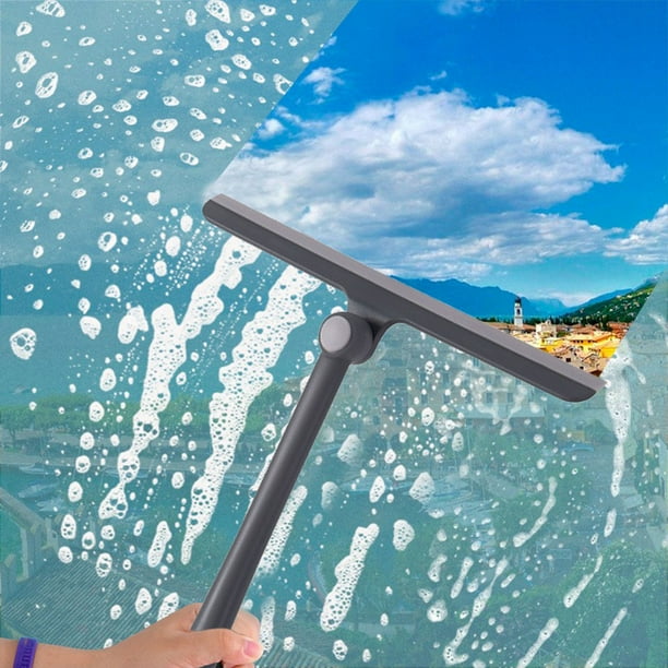 Squeegee Giratorio para Duchas para Puertas de Cristal y Espejos de Baño, Mango Ergonómico de 13 Pulgadas, Raspador Multiusos para Ventanas, Plástico Negro Azul, Limpiador Ajustable 360°.