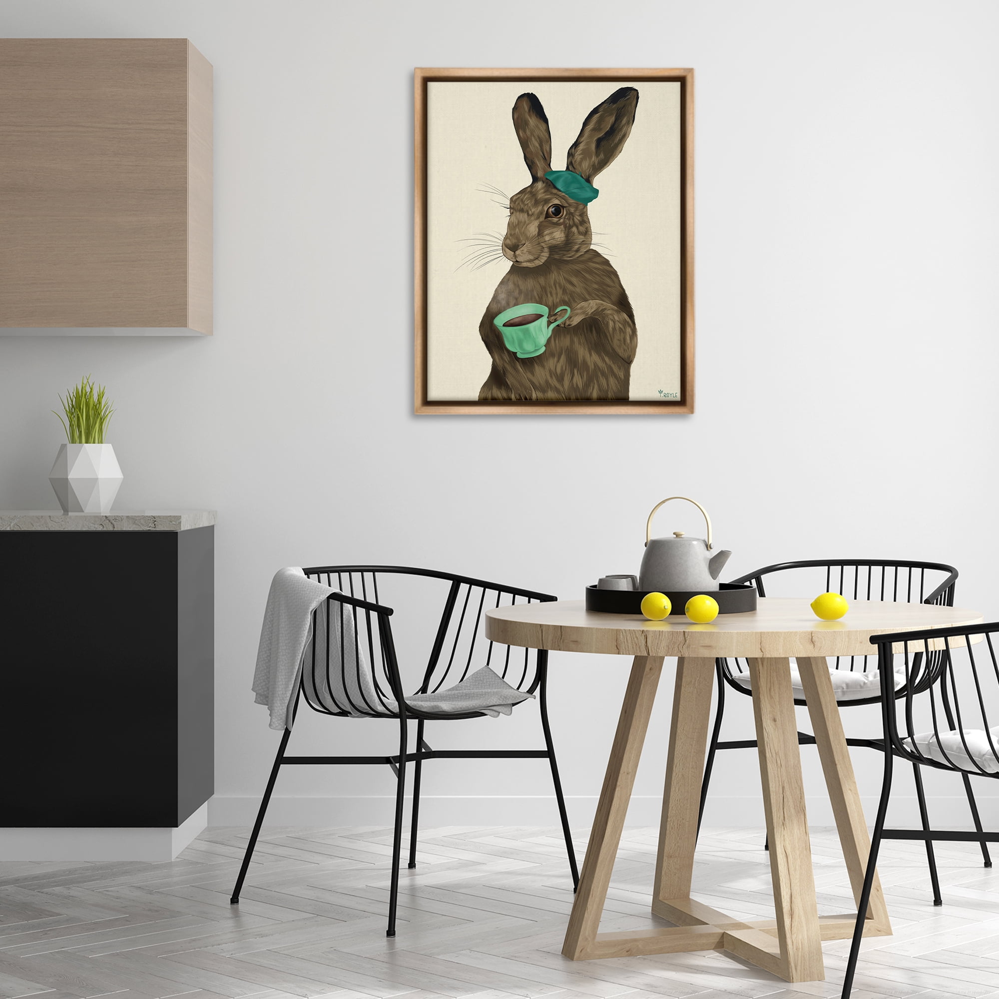Stupell Industries Rabbit & Green Teacup Animals & Insects Painting Brown Floater Framed Canvas Art Print Wall Art, 25 x 31