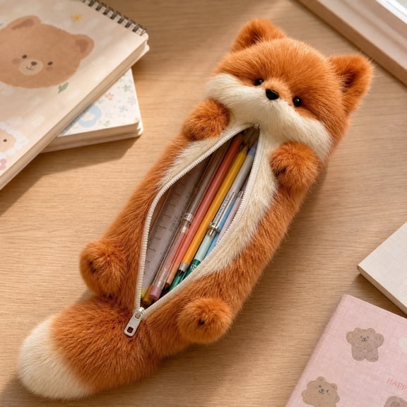 Cute Plush Fox Pencil Case, Soft Fluffy Animal Pen Pouch for Students