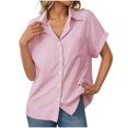 thumbnail image 2 of Aloohaidyvio Button Down Shirt Women Cotton Short Sleeve Blouses V Neck Collared Button Up Summer Beach Tops Pink, 2 of 6