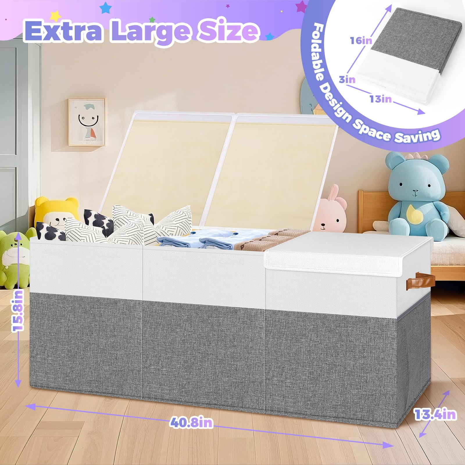 Extra Large Toy Box, Collapsible Sturdy Kids Toy Chest Storage Box with 3 Side bags and Removable Lids, 40"X14"X16"，large toy box for Nursery Room, Playroom,Closet,Home Organization,School