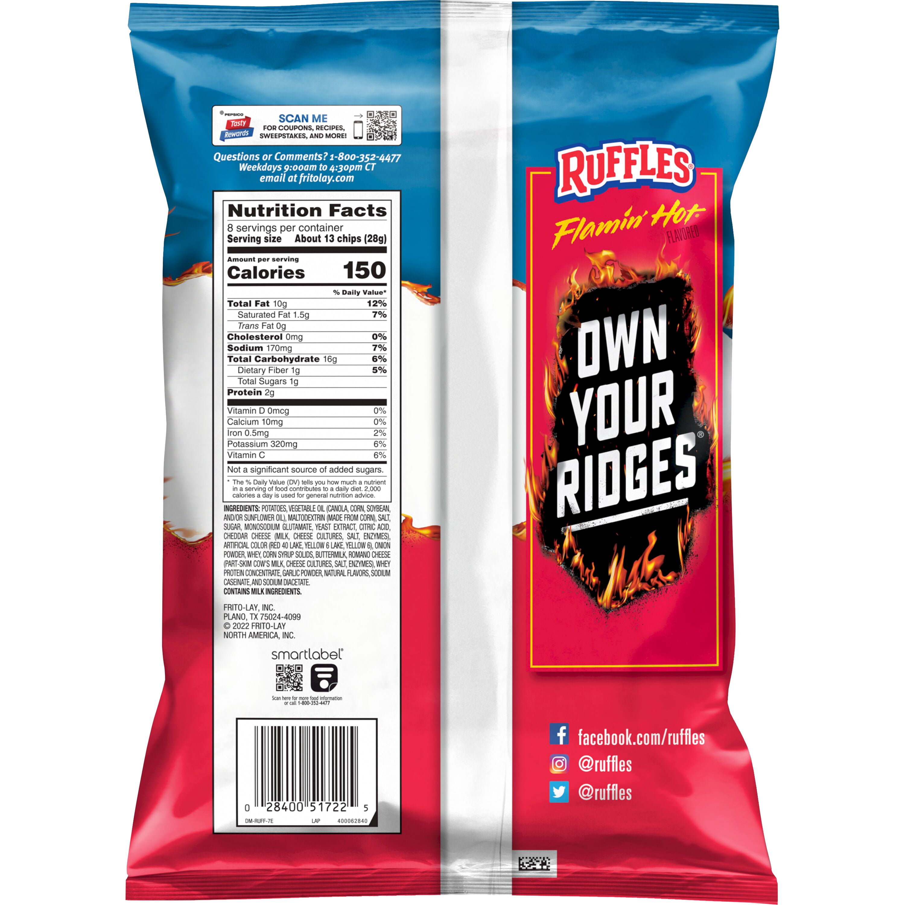 Ruffles Flamin' Hot Flavored Potato Snack Chips, 8.0 oz Bag