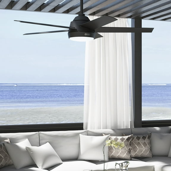 Hunter - Skyflow Outdoor  Ceiling Fan With Light, Wall Control, 52-inch, Matte Black, Modern-style, 3-speed WhisperWind Motor, 52589