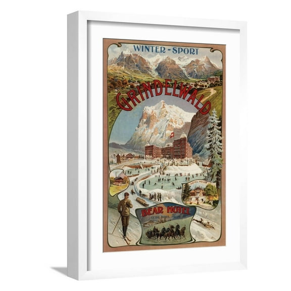 Art.com Grindelwald, Switzerland - View of the Bear Hotel Promotional Poster Art Print by Lantern Press, White Frame Wall Art, 17" x 23"