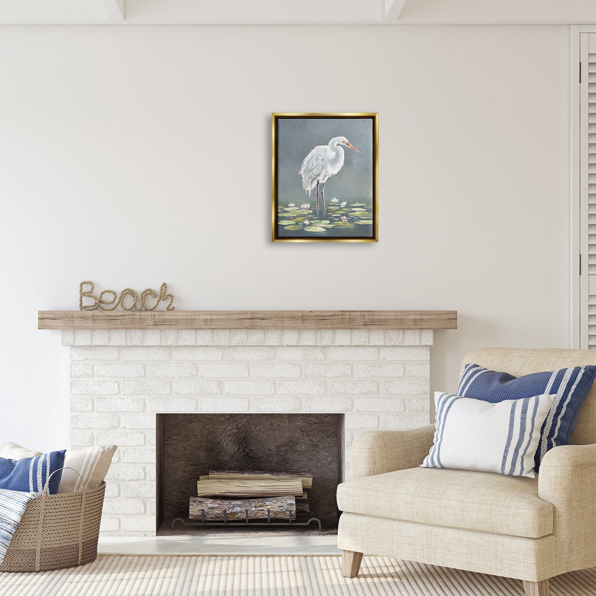 Stupell Industries White Heron & Pond Lilies Animals & Insects Painting Gold Floater Framed Canvas Art Print Wall Art, 17 x 21