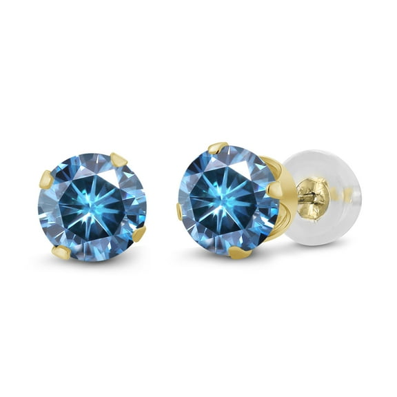 Gem Stone King 14K Yellow Gold Persian Blue Moissanite Stud Earrings for Women Men (0.46 Cttw, Gemstone Birthstone, Round 4MM)