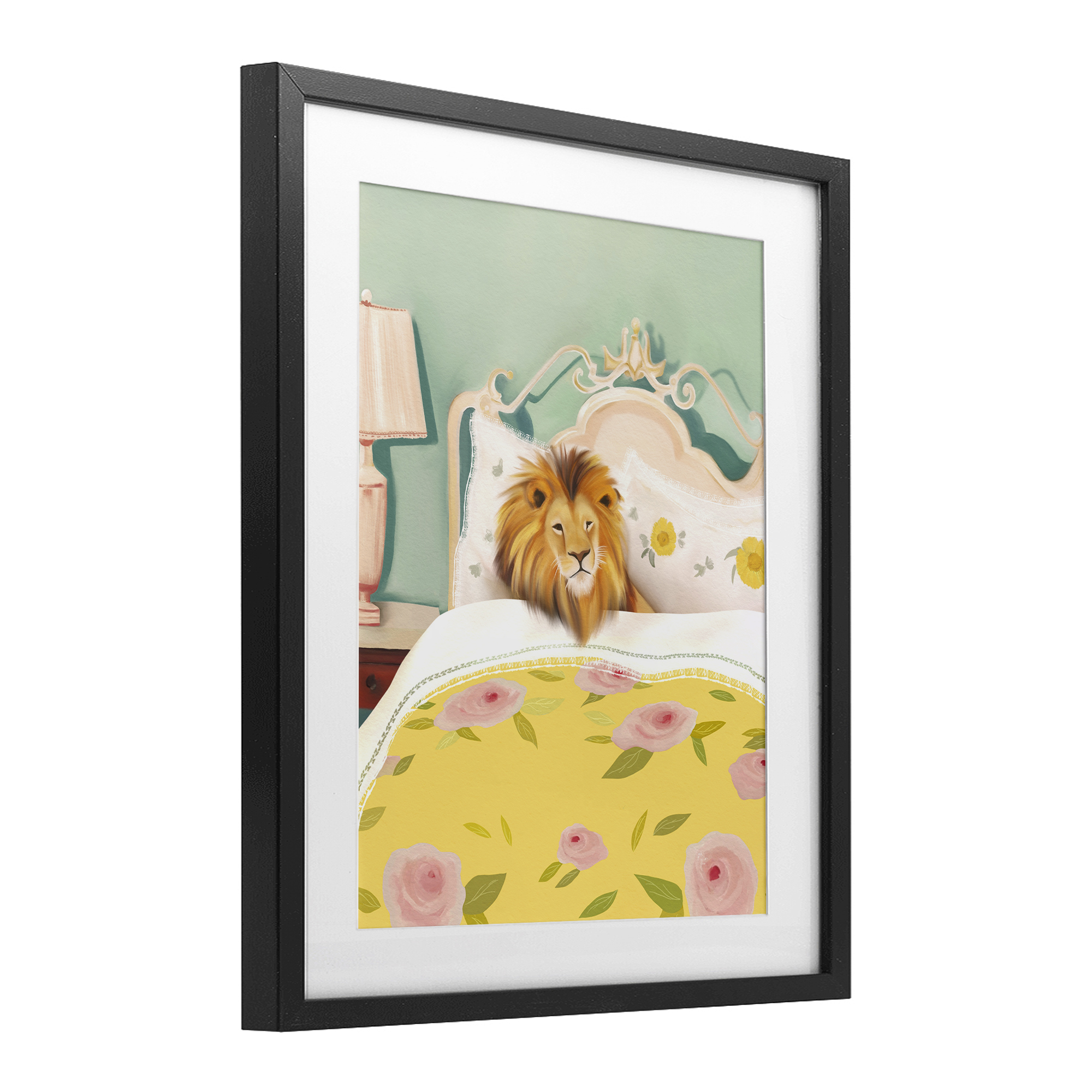 Good Morning Lion in Bed Black Framed Print Under Glass, design by Leah Straatsma