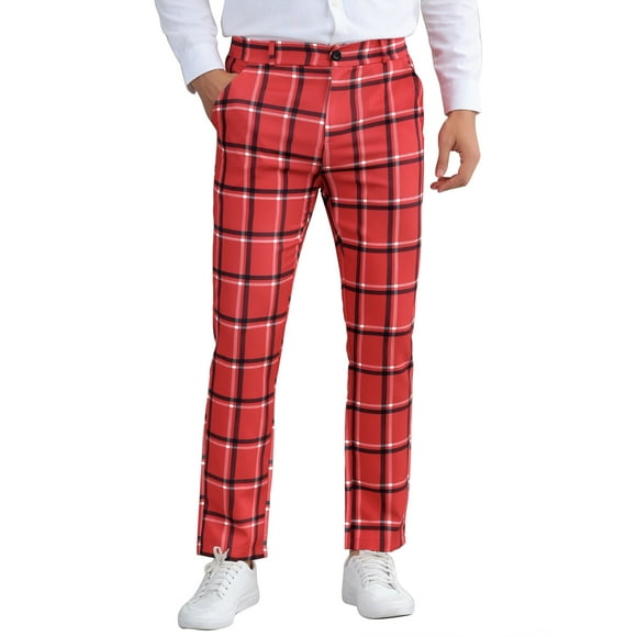 Lars Amadeus Plaid Printed Pants for Men's Regular Fit Flat Front Office Checked Slacks 28 Red
