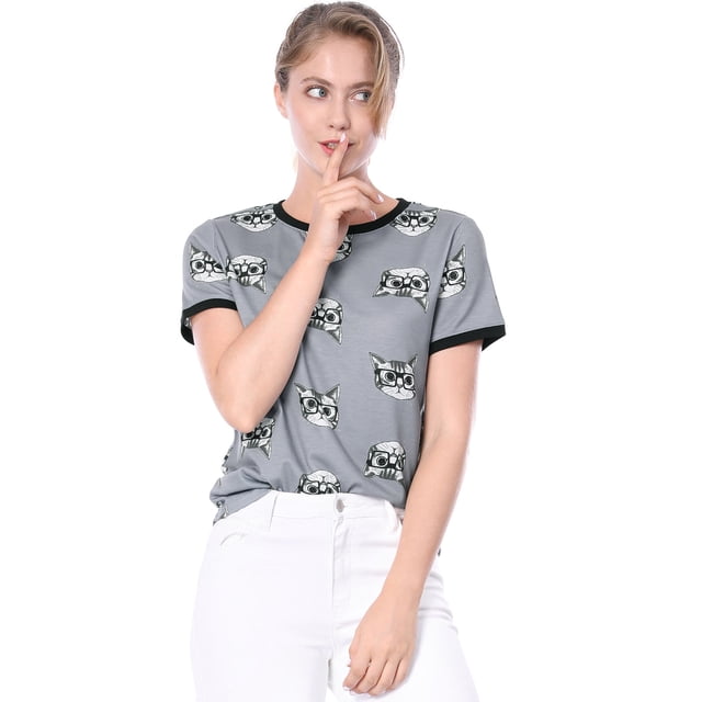 INSPIRE CHIC Women's Short Sleeve Contrast Cartoon Cat Pet Print Tee Ringer T-shirt Tops