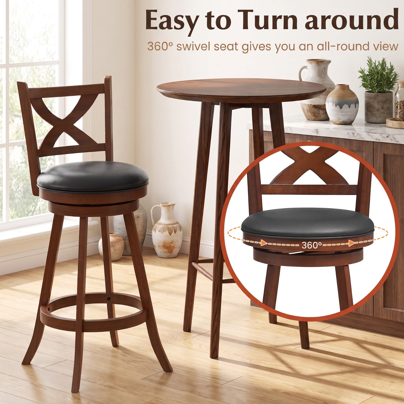 Furnibear 2 Pieces Classic Counter Height Swivel Bar Stool Set with X-shaped Open Back-30 Inch for Kitchen Island Counter Bar Pub Dining, Espresso