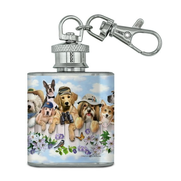 Dogs Outdoors on Fence Pattern Stainless Steel 1oz Mini Flask Key Chain