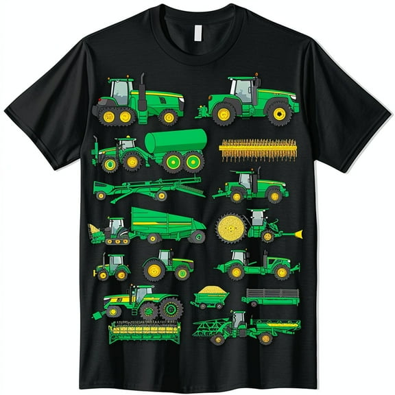 Kids' Green Tractor Array Graphic Black T Shirt Farm Equipment Design for Boys