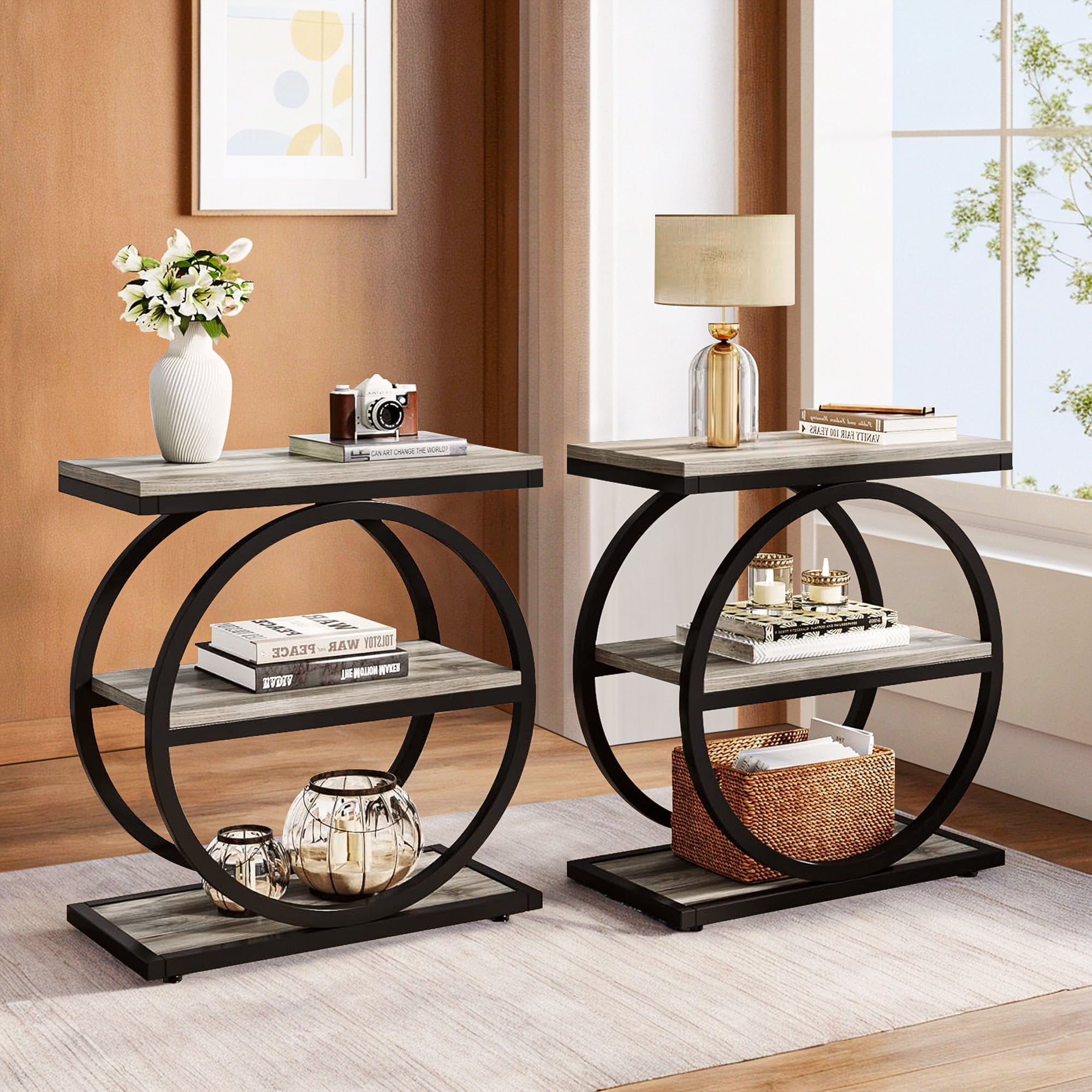 Demi Bonn 3-Tier End Table, Industrial Sofa Side Table with Round Metal Frame for Hallway, Entrance, Living Room, Bedroom, Gray