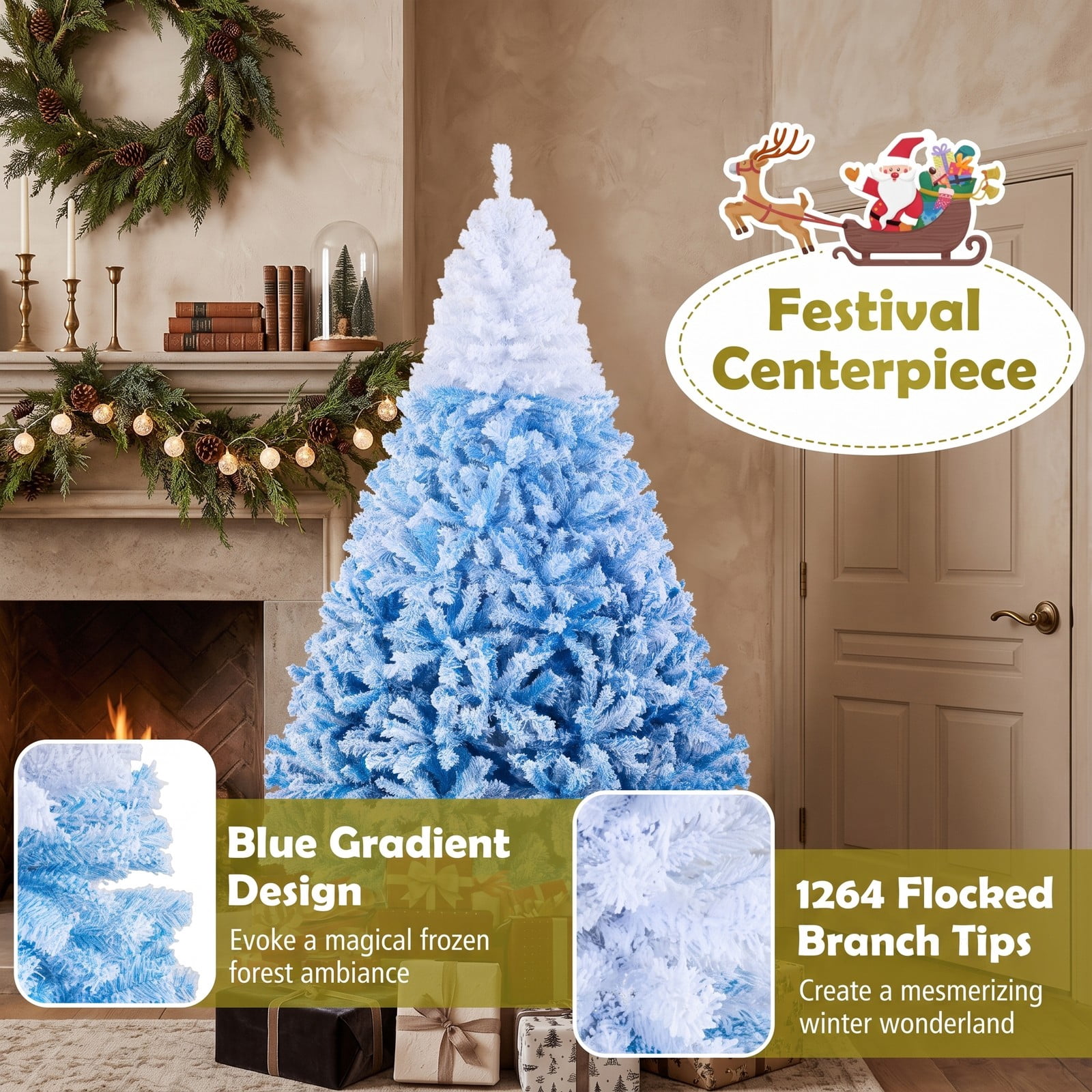 RUIE 7 FT Artificial Christmas Tree with 350 Warm White LED Lights and 8 Modes, Snow Flocked Hinged Prelit Xmas Tree with Foldable Metal Stand, White & Blue