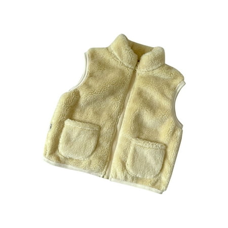 

BIZIZA Toddler Baby Vest Sleeveless High Neck Pockets Solid Color Plush Zip Up for 1-4Y Chlid Tops Yellow 130