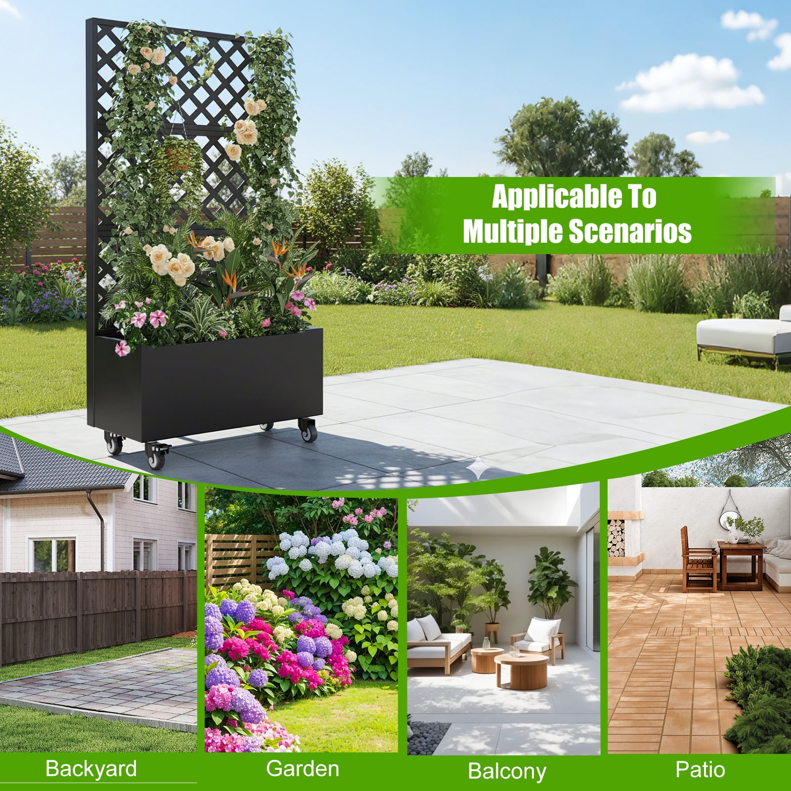 Raised Garden Bed with Trellis and Wheels, 72" High Metal Planter Box for Climbing Plants, Mobile Outdoor Vertical Garden with Drainage for Patio, Balcony & Backyard (300lb Capacity, Black)
