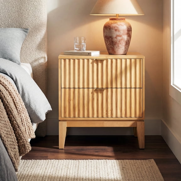 Christopher Knight Home Contemporary Fluted Nightstand with 2 Drawers, Storage Bedside Table, Natural