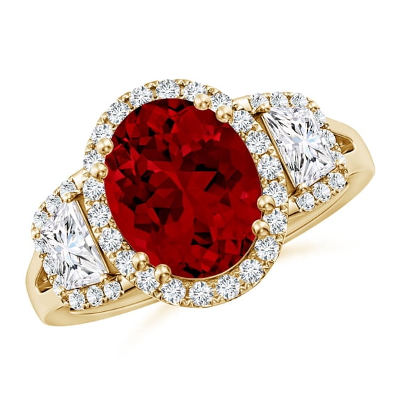 ANGARA 3 Stone Lab Grown 3.3 Ct Ruby & Trapezoid Diamond Halo Engagement Ring for Women in 14K Yellow Gold (Size-10x8mm) | July Birthstone, Anniversary, Jewelry Gift for Women | Lab-Grown Ruby Ring