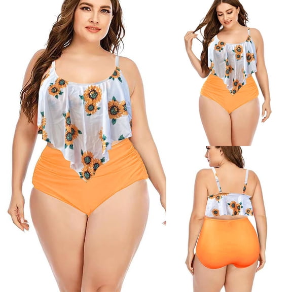 TIANEK Special Women Plus Size Bikini 2023 Minimalistic Floral Printed Padded Bra Surfing Mother's Day Summer Halter Ruffle Show Waist Asia Split Swimwear for Ladies Clearance