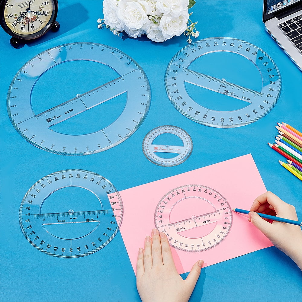 5Pcs 5 Styles Plastic 360 Degree Protractor Ruler Flat Round Clear 102~300x2.5mm 1pc/style