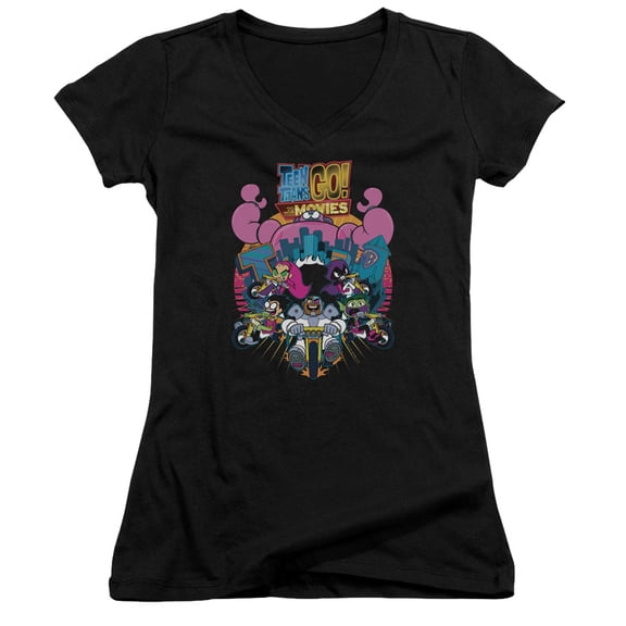 Teen Titans Go To The Movies Burst Through Junior Women's T-Shirt V-Neck Black