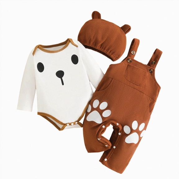 larppty Infant Baby Boy Clothes Bear Style Long Sleeve Romper Pants Hat 3PCS Outfits Set