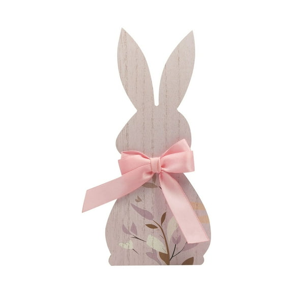 Decorative Wooden Bunny with Pink Bow Perfect for Easter, Spring Home Decor, Tabletop Centerpiece, Nursery Decoration