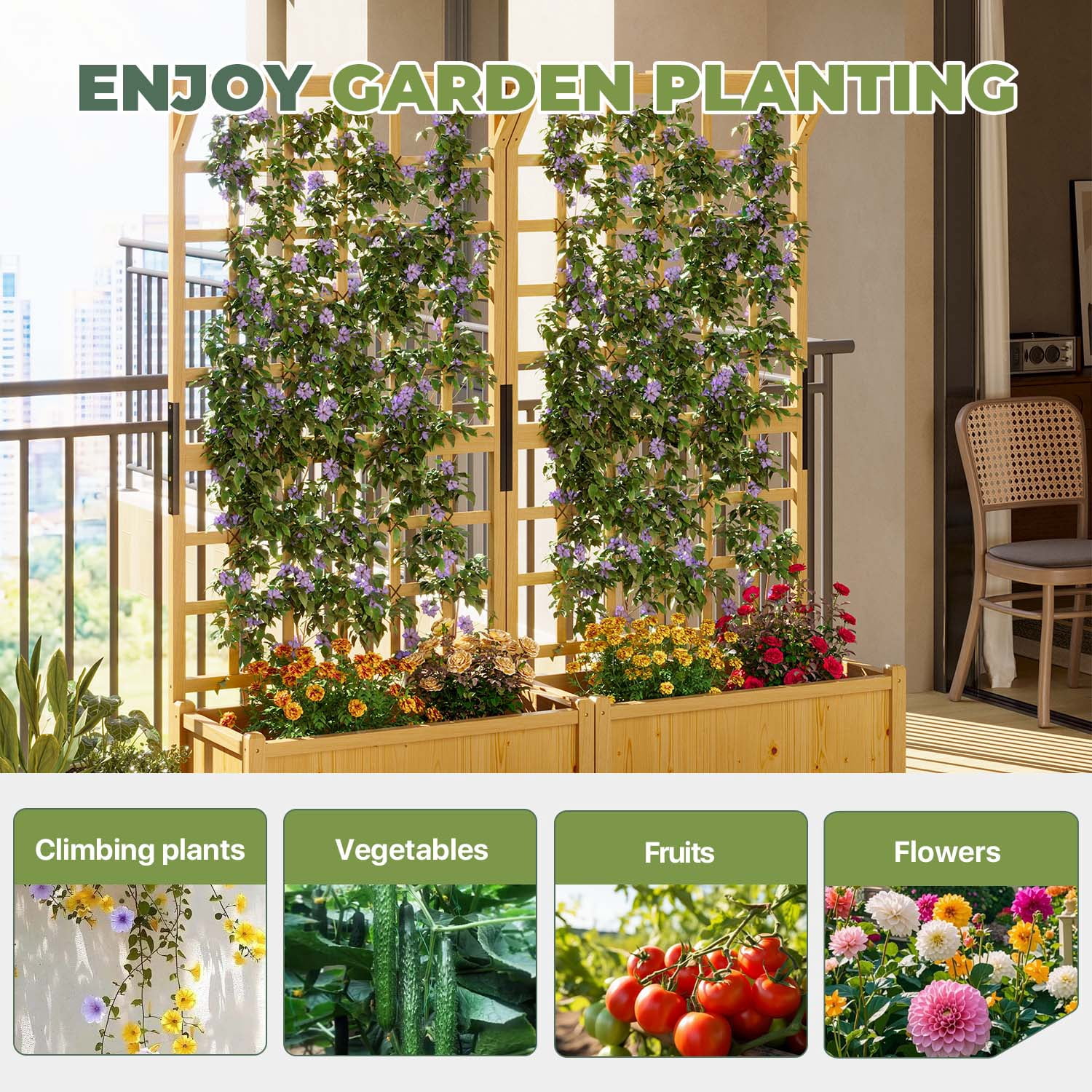 BaPiPro Yellow-Brown Tall Wood Planter Box with Trellis - 36" Raised Garden Bed with Hanging Roof, Outdoor Elevated Planter for Climbing Plants, Flowers - 2-Pack for Patio, Balcony