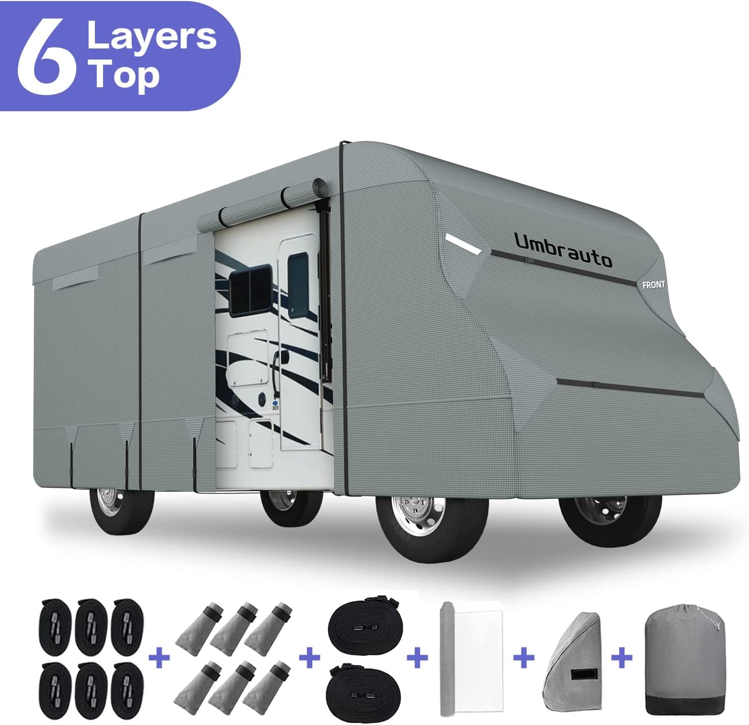 2 Windproof Straps RVMasking Heavy Duty 6 Layers Top Class C RV Cover for 26-29 Camper Trailer with 4 Tire Covers 