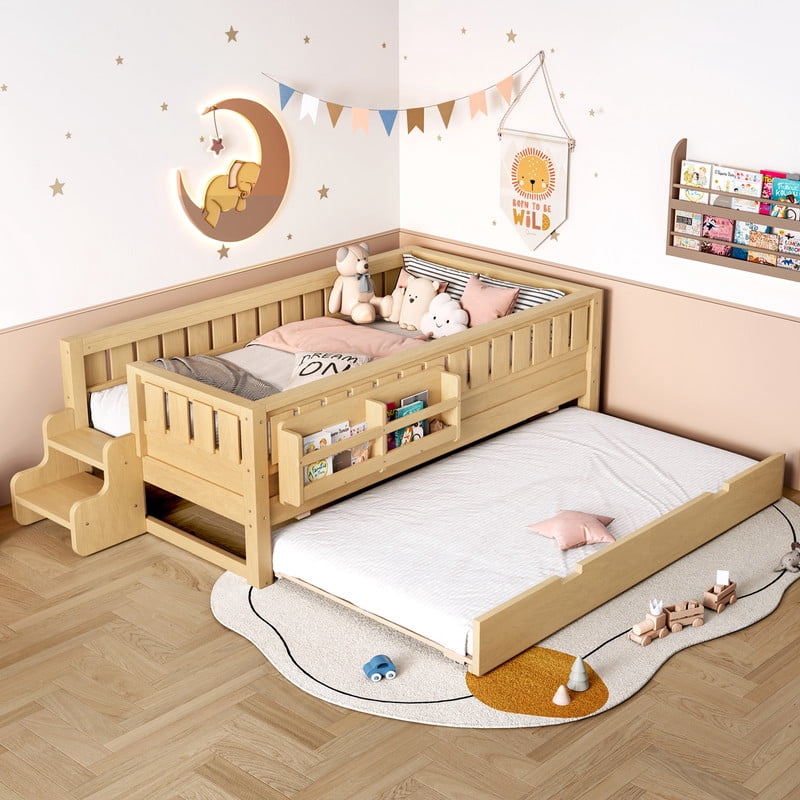 Bellemave Twin Bed with Trundle and Small Stairs, Twin Size Platform Bed Frame with Rail and Bookshelf, Wooden Montessori Floor Bed No Box Spring Needed,Light Natural