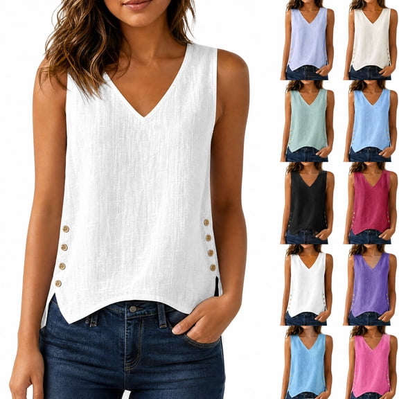 HAOTAGS Women’s Linen Sleeveless Tank Top Button Decoration Casual Breathable Summer V Neck Blouse Top White Size M