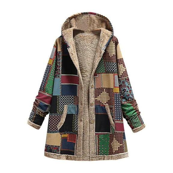 Scyoekwg Fall Winter Fleece Jacket for Women Cotton and Linen Vintage Ethnic Printed Long Sleeve Hooded Pocket Plus Velvet Casual Buttons Warm Outwear Coat #A01-Green XXL