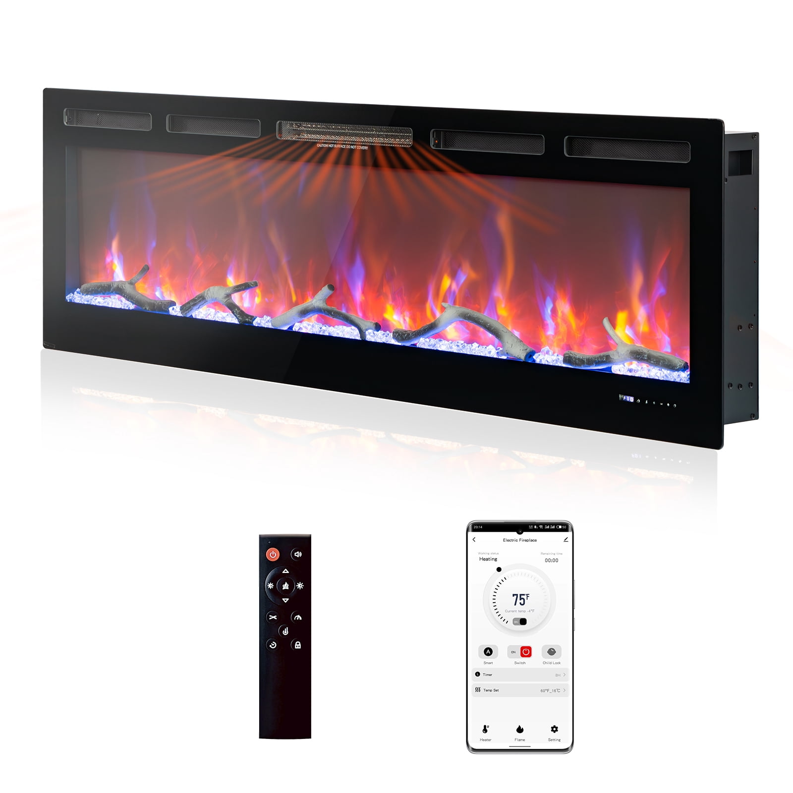 Yesurprise 70" In-Wall Electric Fireplace with Remote, Thermostat, Dual Heating & Timer, Featuring 12 Color Flames with Log & Crystal Decor