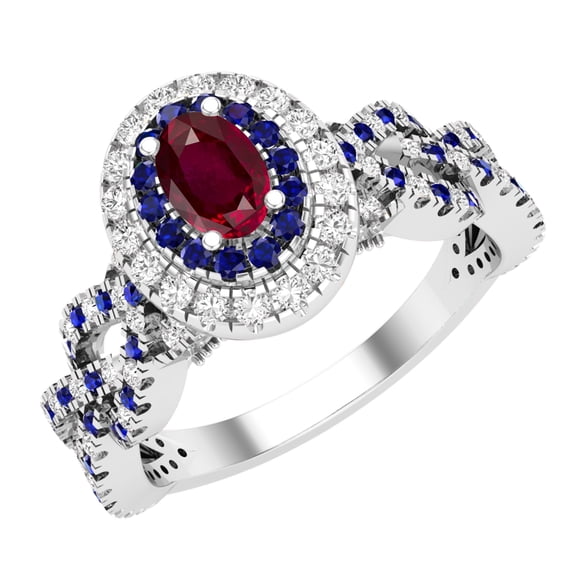 Dazzlingrock Collection Bague Ovale en Rubis, Saphir Bleu Rond, Diamant pour Elle en Or Blanc 18K Taille 9.5