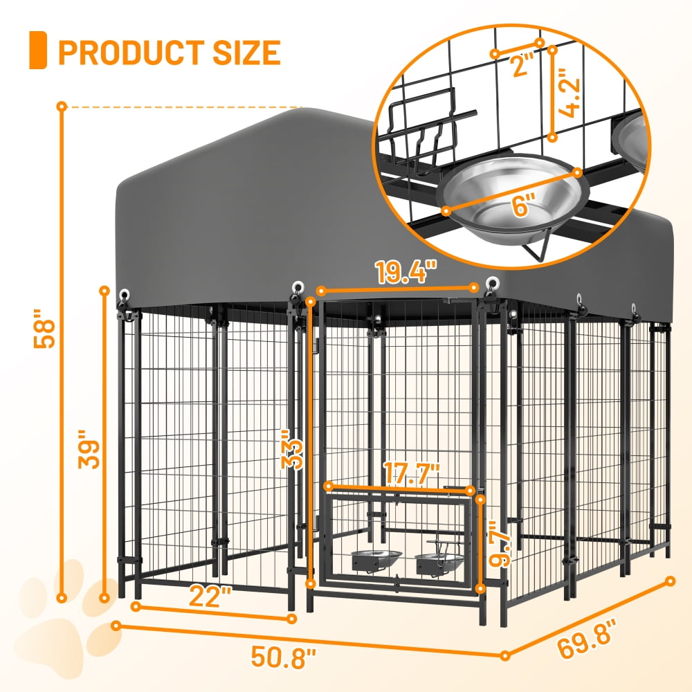4.23'x5.82'x4.83'  Outdoor Dog Crate with Rotating Feeder & Roof - Heavy Duty Welded Wire, Waterproof Cover for Medium/Large Breeds