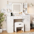 thumbnail image 3 of Vanity Set with Mirror and Lights, Makeup Table with Charging Station,5 Drawers & Storage Shelves, White, 3 of 12