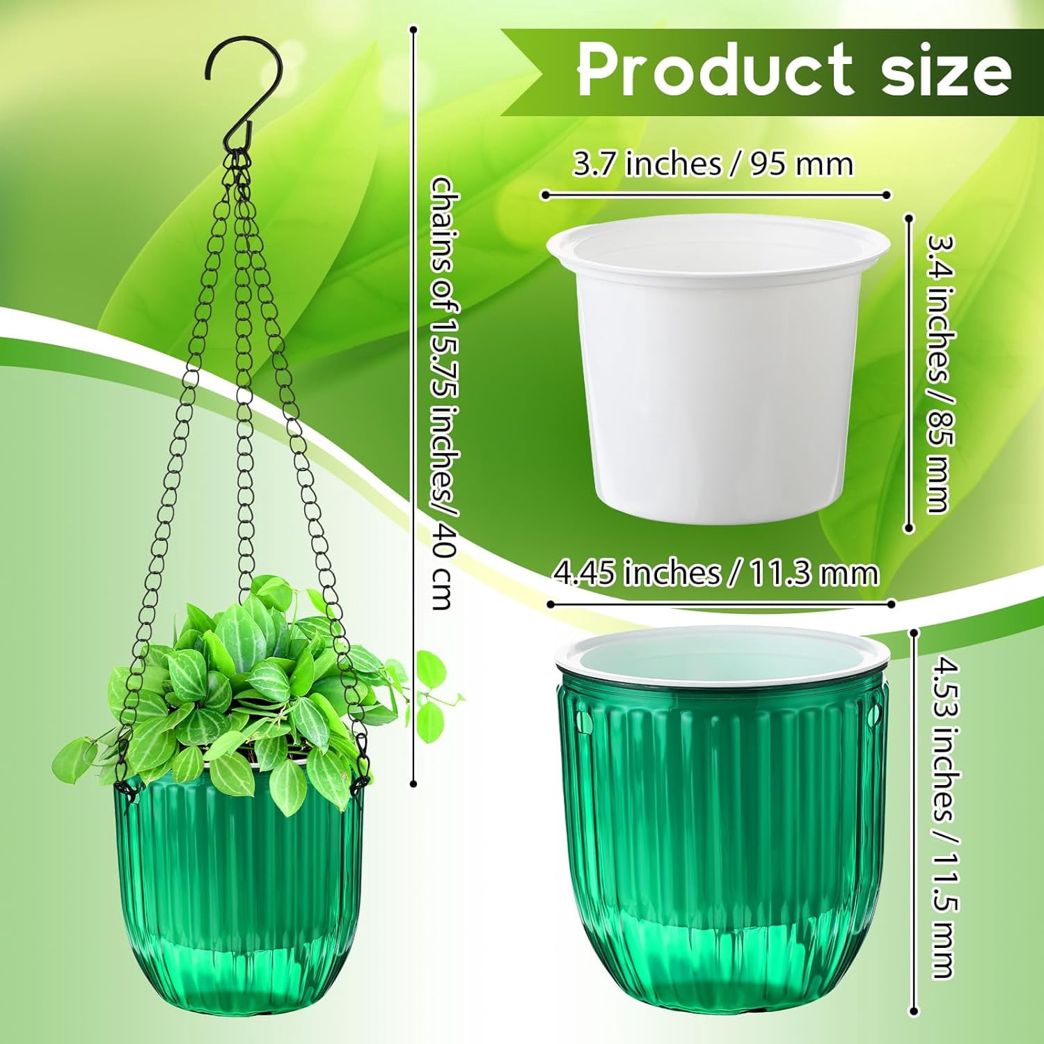 3 Pack 4.5 Inch Self Watering Hanging Planter, Hanging Planters for Indoor Plants Basket Bulk Outdoor Plastic Hanging Plant Pots with 3 Hook Chains Drainage Holes for Garden Home(Green)