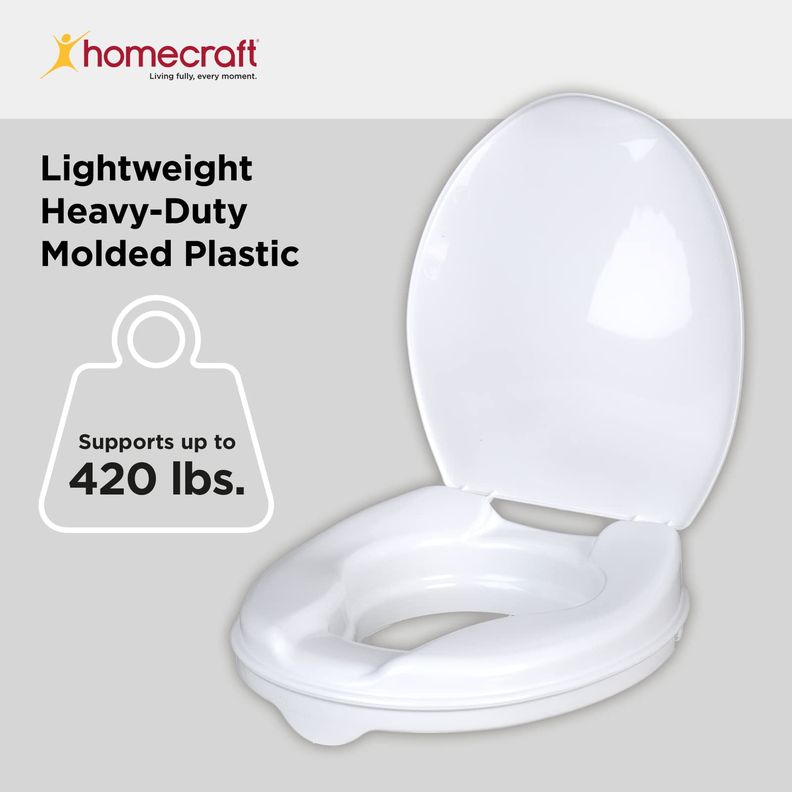 Homecraft Savanah Raised Toilet Seat with Lid, 2" High, 1 Pack