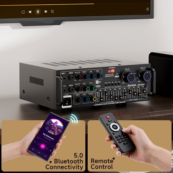 VIPQV 2500W Stereo Audio Amplifier, 2 Channel Bluetooth 5.0 Home Theater Power Amplifier with FM Radio, USB, SD, Amplifier for Passive Speakers and Active subwoofer