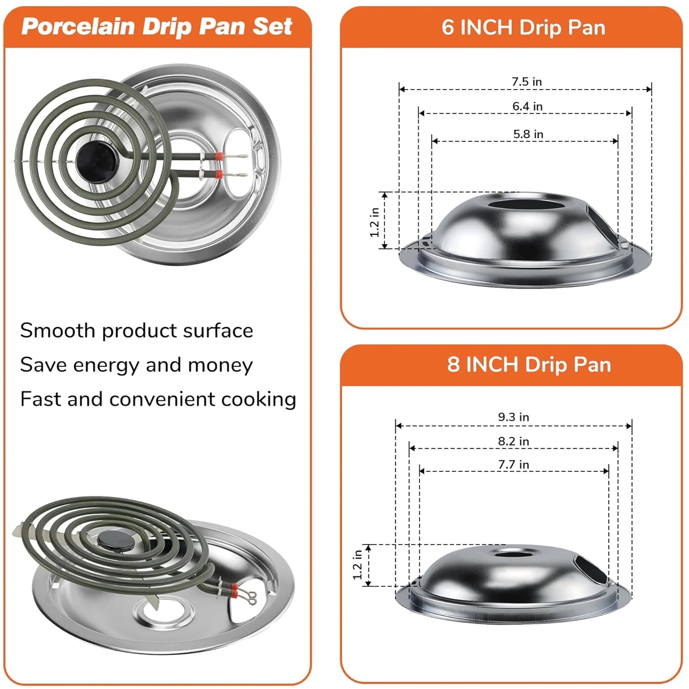 MP22YA Electric Range Burner Element Set & W10290350 W10290353 4 Pack Silver Drip Pans for Whirlpool Electric Range Stove (2 Pcs MP15YA 6" & 2 Pcs MP21YA 8")