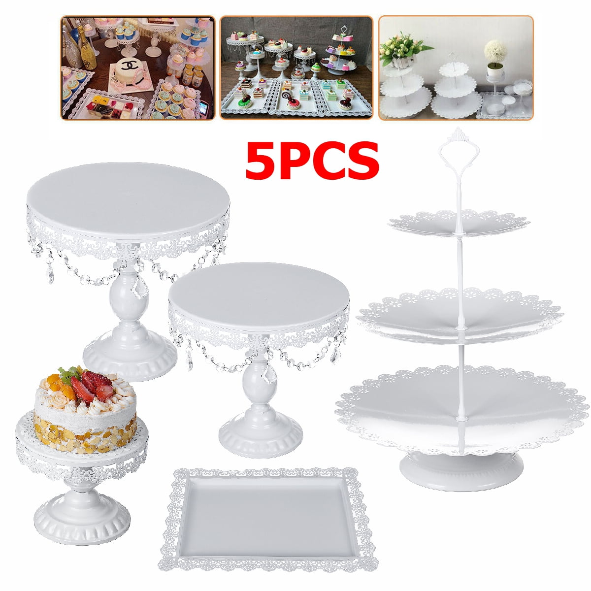 Metal Crystal Cake Holder Cupcake Stands with Pendants and Beads Cake Stand Dessert Wedding Birthday Dessert Cupcake Pedestal Display Cake Stands Silver, 1