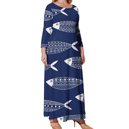 Myst Design Oversized Women's Long Sleeve Dresses, Decorative Fishes Traditional Mexican Indians Long Plus Size Dress, Loose Fit Casual Maxi Dresses with Pockets, XL