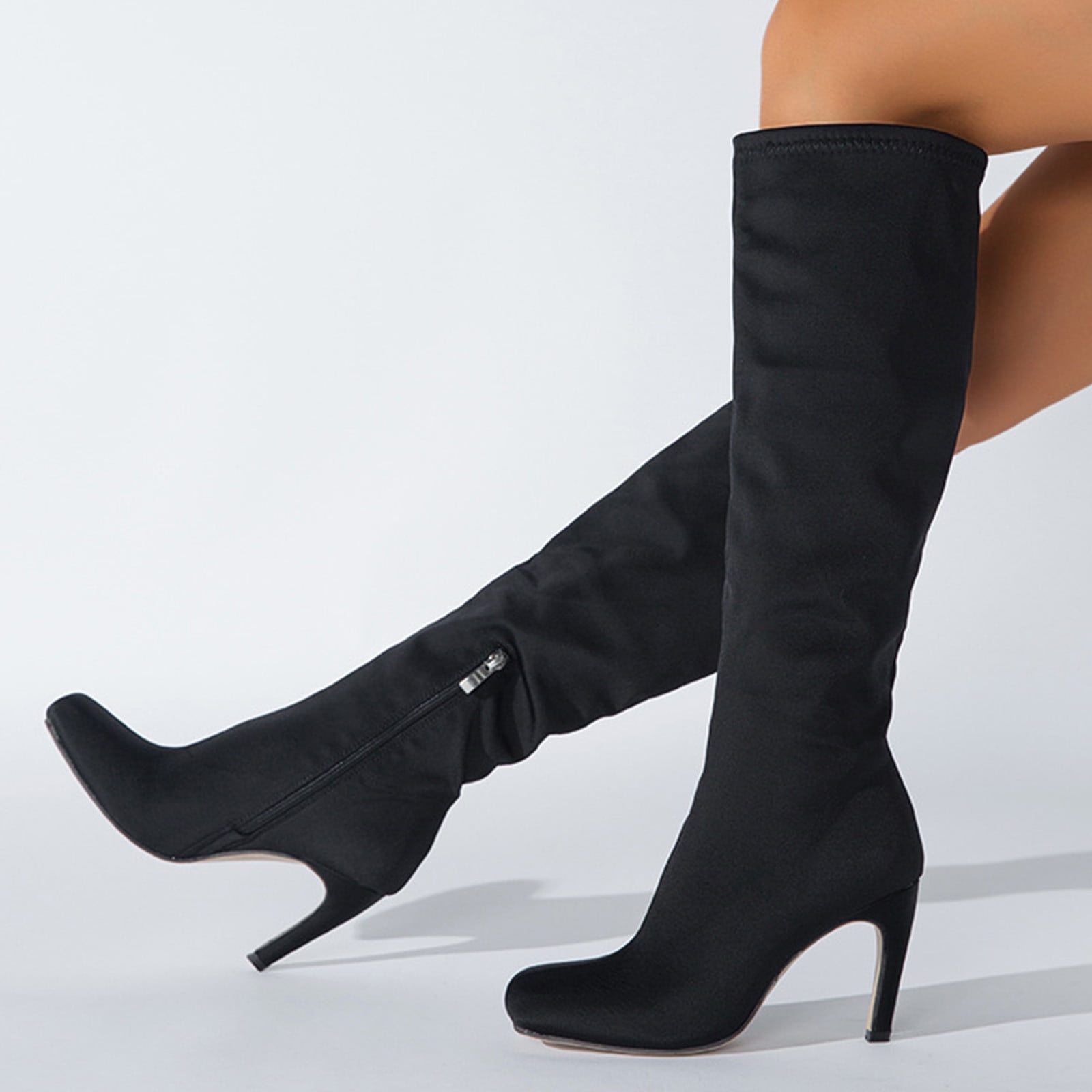 Women Stiletto High Heel Solid Zip Pointed Toe Patent Leather Knee High Boots 
